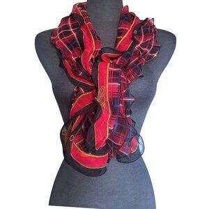 Lauren Ralph Lauren Silk Ruffle Scarf Classic Red Black Plaid
